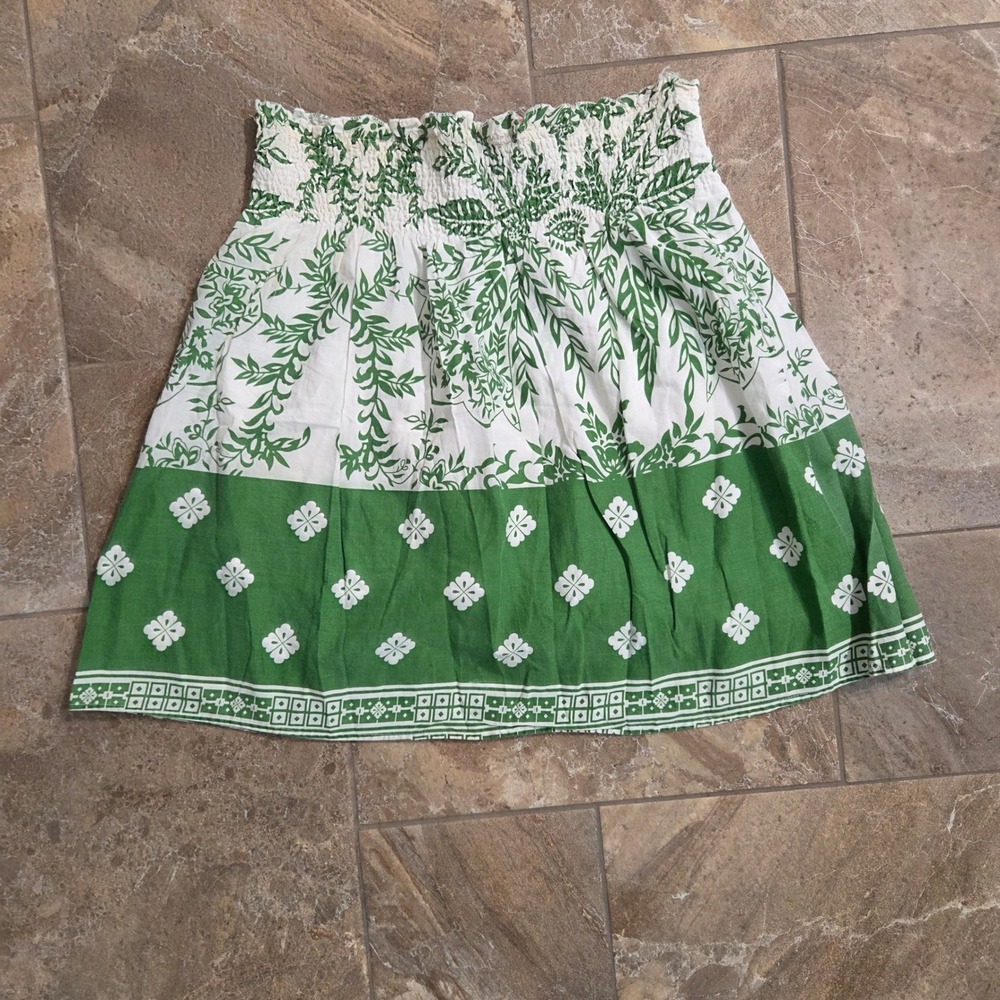 She's Cool Green White Floral Smocked Waist Cotton Mini Skirt Womens Medium